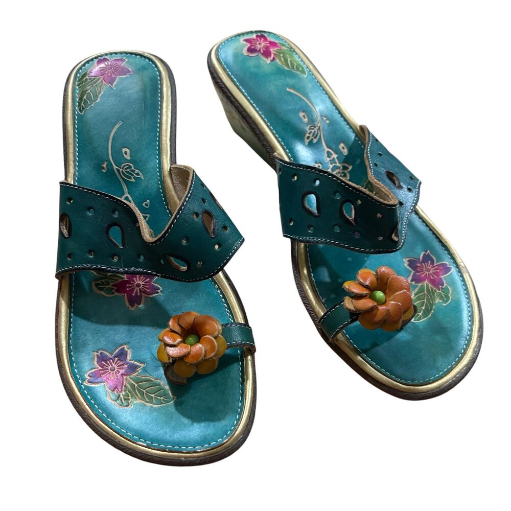 Smaibulun Australia Teal Soffia Leather Pine Ring Toe Floral Sandals sz 7
